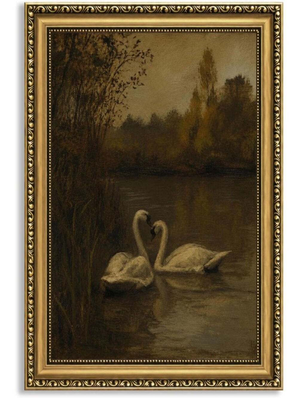 Vintage Gold Framed Swan Wall Art | Antique Lake Painting | Rustic Cottagecore